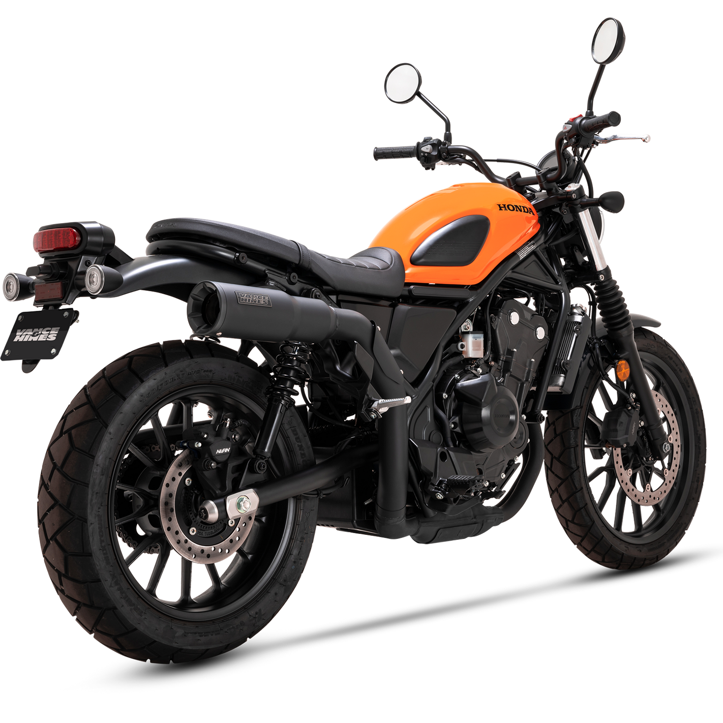 VANCE & HINES Hi-Output Slip-On Muffler for motorcycles, shown in black with chrome accents, designed for performance and style.