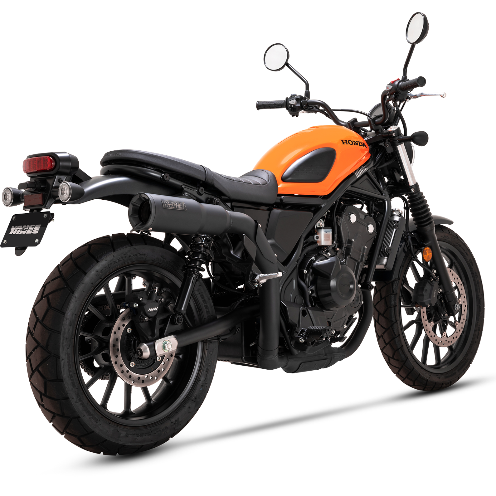 VANCE & HINES Hi-Output Slip-On Muffler for motorcycles, shown in black with chrome accents, designed for performance and style.