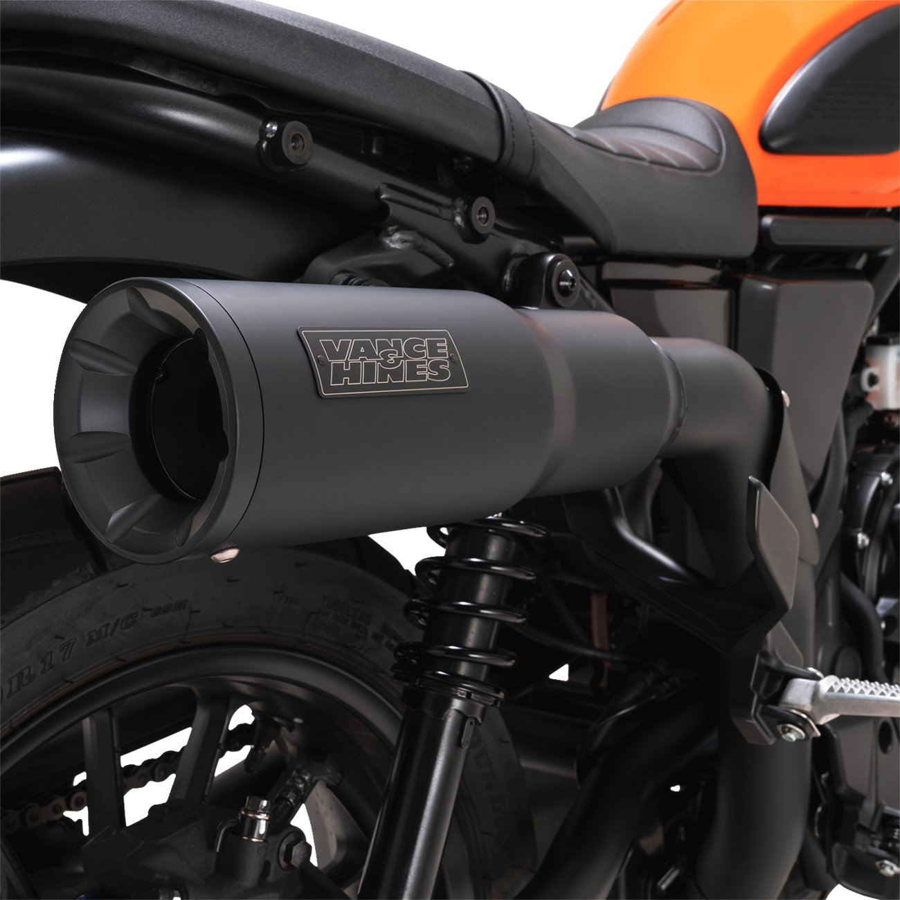 Vance & Hines Hi-Output Slip-On Muffler for motorcycles, chrome finish, with sleek design and branding visible.