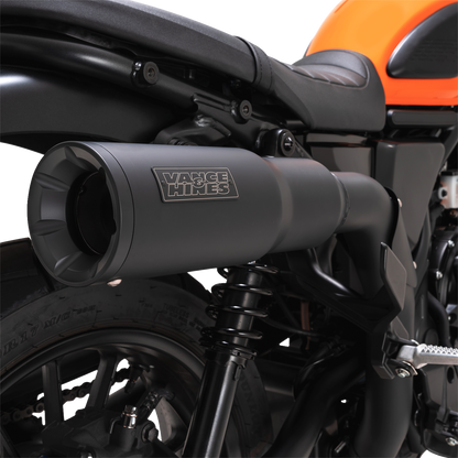Vance & Hines Hi-Output Slip-On Muffler for motorcycles, chrome finish, with sleek design and branding visible.
