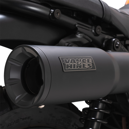 VANCE & HINES Hi-Output Slip-On Muffler for motorcycles, shiny chrome finish with sleek design and exhaust pipe connections.