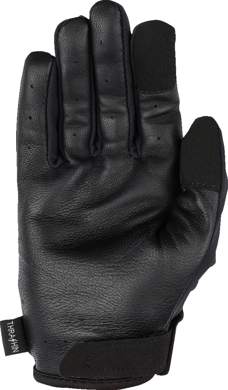 Black THRASHIN SUPPLY CO. Windbreaker Stealth Gloves in small size, shown on a flat surface.