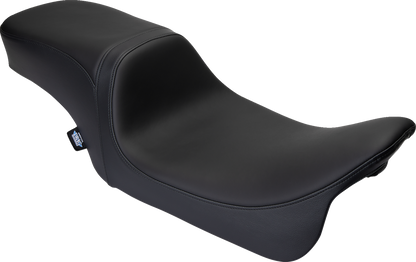 Drag Specialties Predator 2-up seat for Harley FL 2008-2023, solar leather with black finish, designed for comfortable riding.