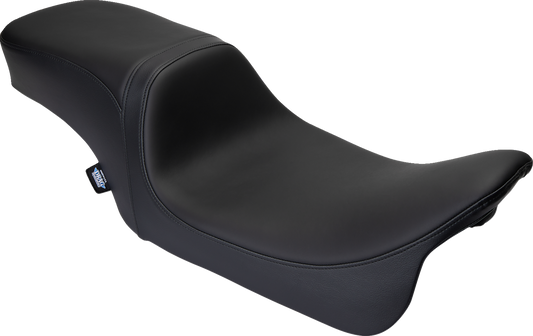 Drag Specialties Predator 2-up seat for Harley FL 2008-2023, solar leather with black finish, designed for comfortable riding.