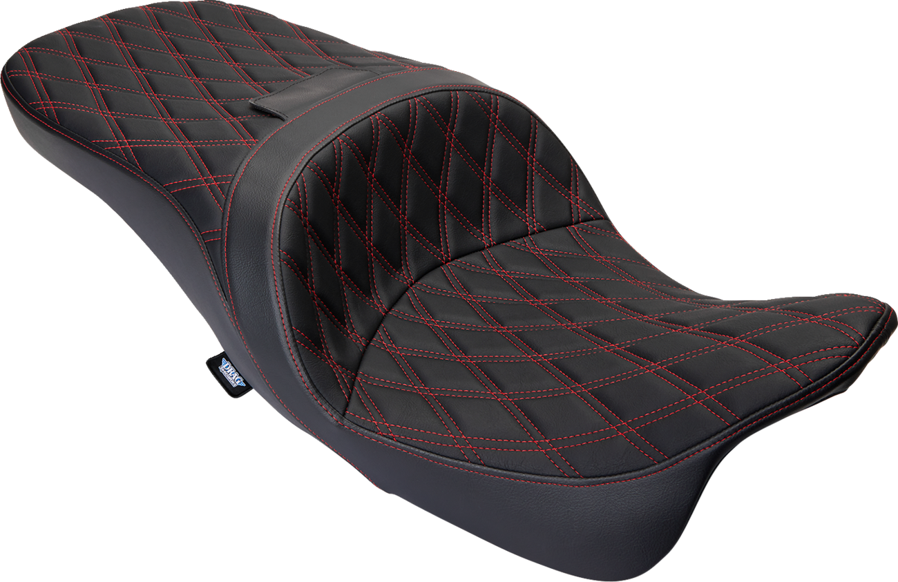 Drag Specialties Harley FLH Freedom Seat with double diamond red stitch, motorcycle seat for 2009-2023 Harley Davidson.