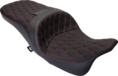 Drag Specialties Harley FLH Freedom Seat with double diamond red stitch, motorcycle seat for 2009-2023 Harley Davidson.