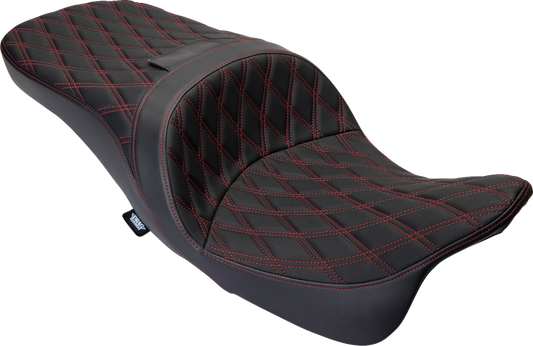 Drag Specialties Harley FLH Freedom Seat with double diamond red stitch, motorcycle seat for 2009-2023 Harley Davidson.
