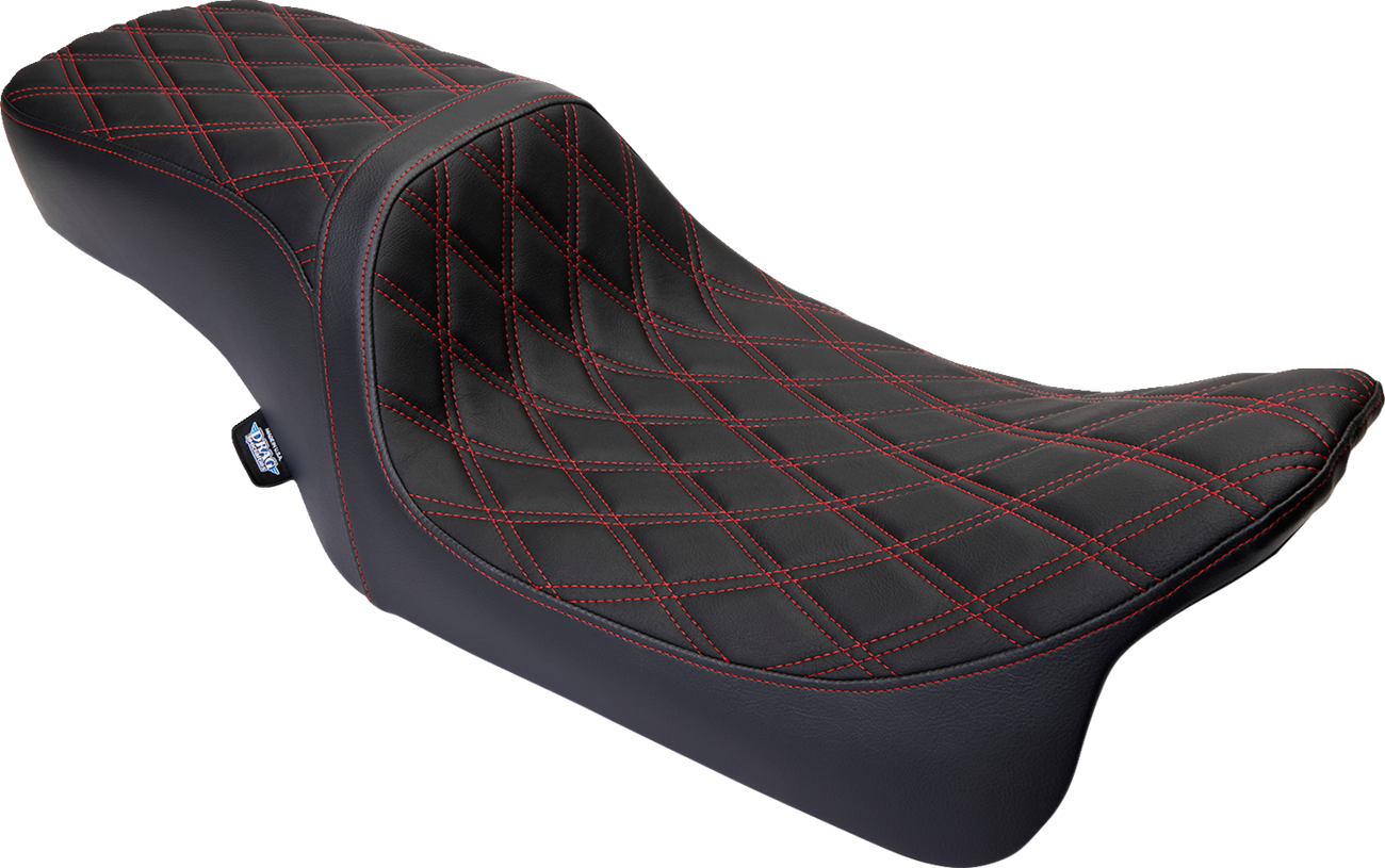 Drag Specialties Predator 2-up seat with vinyl cover and red diamond stitching for Harley FL 2008-2023, part number 0801-1494.
