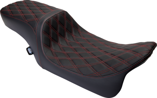 Drag Specialties Predator 2-up seat with vinyl cover and red diamond stitching for Harley FL 2008-2023, part number 0801-1494.