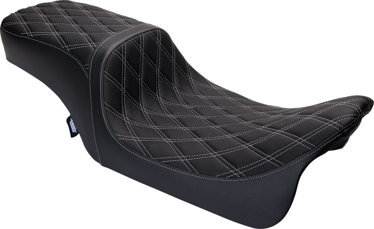 Drag Specialties Predator 2-up seat with vinyl cover and silver double diamond stitching for Harley FL 2008-2023.