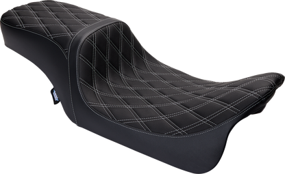 Drag Specialties Predator 2-up seat with vinyl cover and silver double diamond stitching for Harley FL 2008-2023.