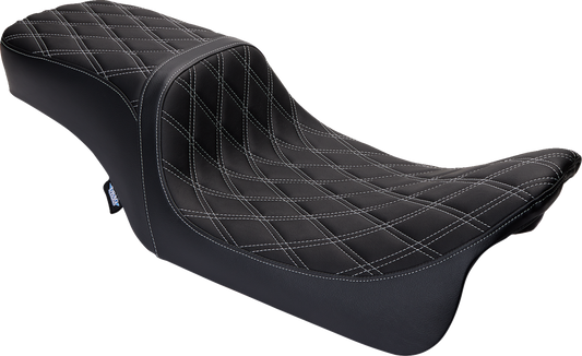 Drag Specialties Predator 2-up seat with vinyl cover and silver double diamond stitching for Harley FL 2008-2023.