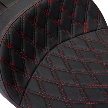 Drag Specialties Freedom Seat with Double Diamond Red Stitch on Harley FLH 2009-2023, close-up view of the seat design.