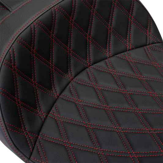 Drag Specialties Freedom Seat with Double Diamond Red Stitch on Harley FLH 2009-2023, close-up view of the seat design.