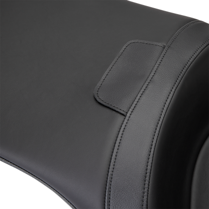 Black Solar Leather Drag Specialties Freedom Seat for FLH motorcycles, model 0801-1485, with cushioned design and sleek styling.