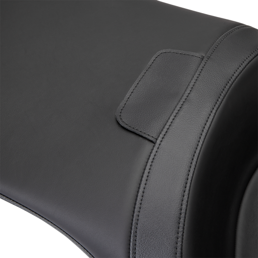 Black Solar Leather Drag Specialties Freedom Seat for FLH motorcycles, model 0801-1485, with cushioned design and sleek styling.