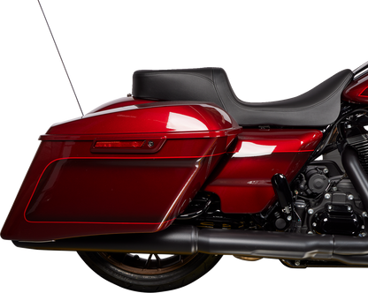 Drag Specialties Predator 2-up seat for Harley FL, black finish with solar leather, designed for 2008-2023 motorcycle models.