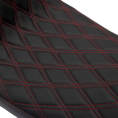 Drag Specialties Predator 2-up seat with red stitch vinyl cover for Harley FL 2008-2023, featuring double diamond stitching.