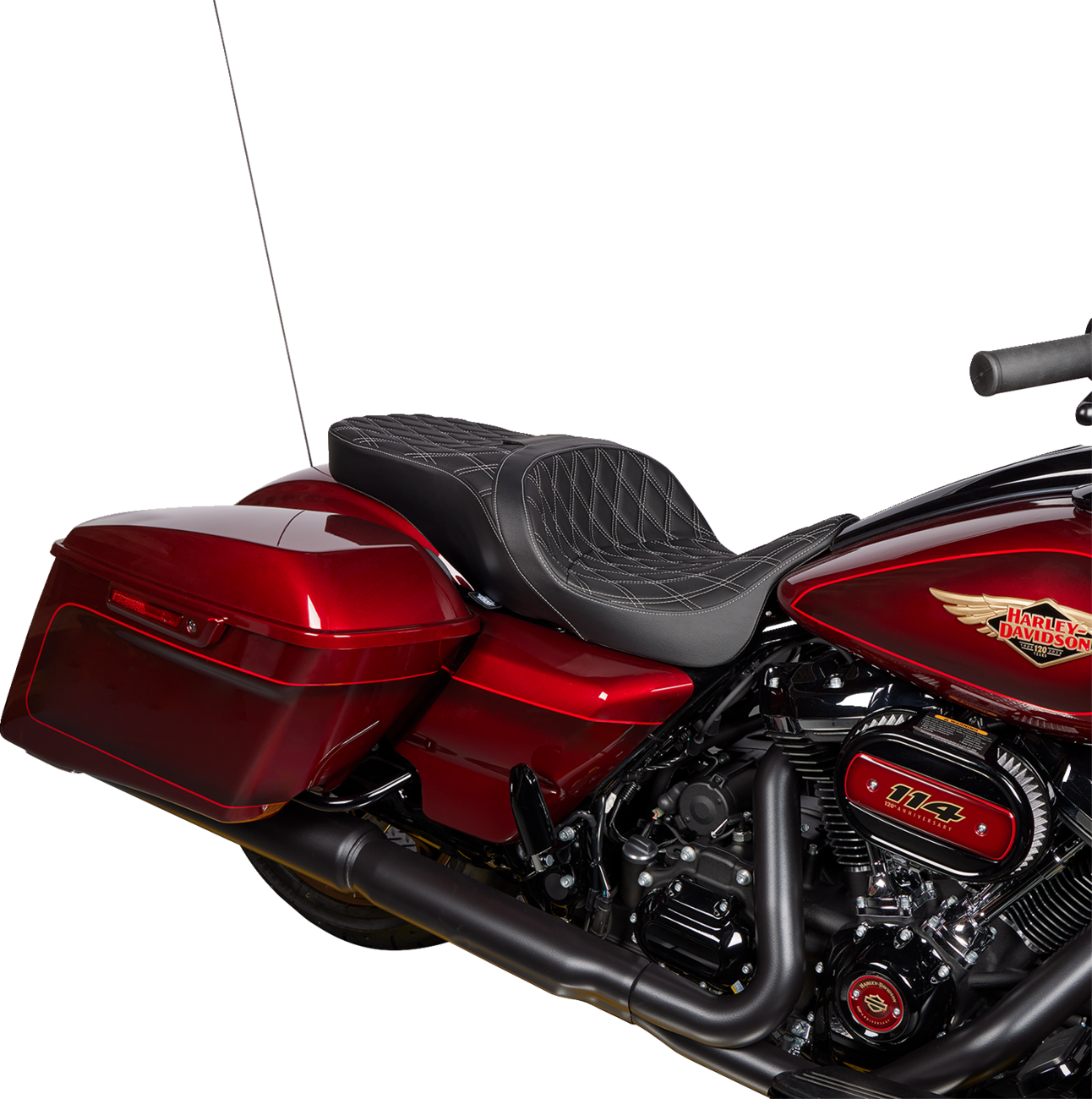 Drag Specialties Freedom Seat with vinyl cover and double diamond silver stitching on a Harley FLH motorcycle, 2009-2023.