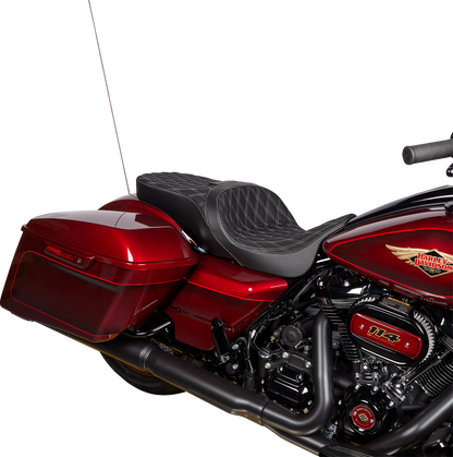 Drag Specialties Freedom Seat with vinyl cover and double diamond silver stitching on a Harley FLH motorcycle, 2009-2023.