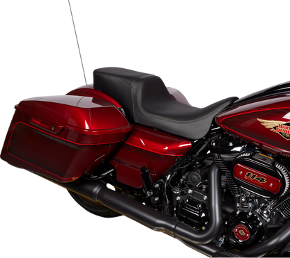 Drag Specialties Predator 2-up seat for Harley FL 2008-2023, featuring solar leather and black finish, motorcycle seat accessory.