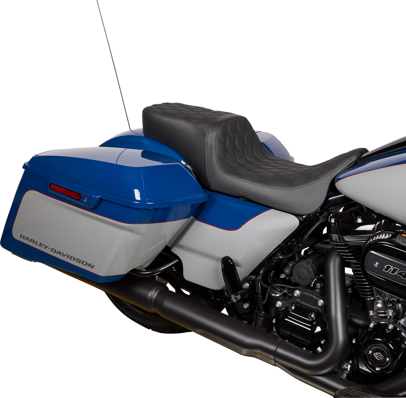 Drag Specialties Predator 2-up motorcycle seat with vinyl cover for Harley FL models 2008-2023, two-person rider seat