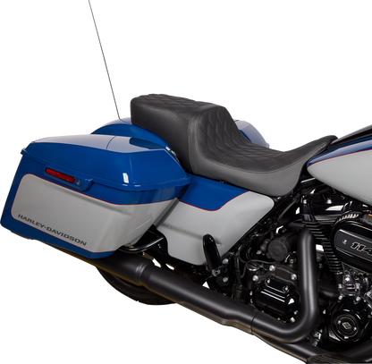 Drag Specialties Predator 2-up motorcycle seat with vinyl cover for Harley FL models 2008-2023, two-person rider seat