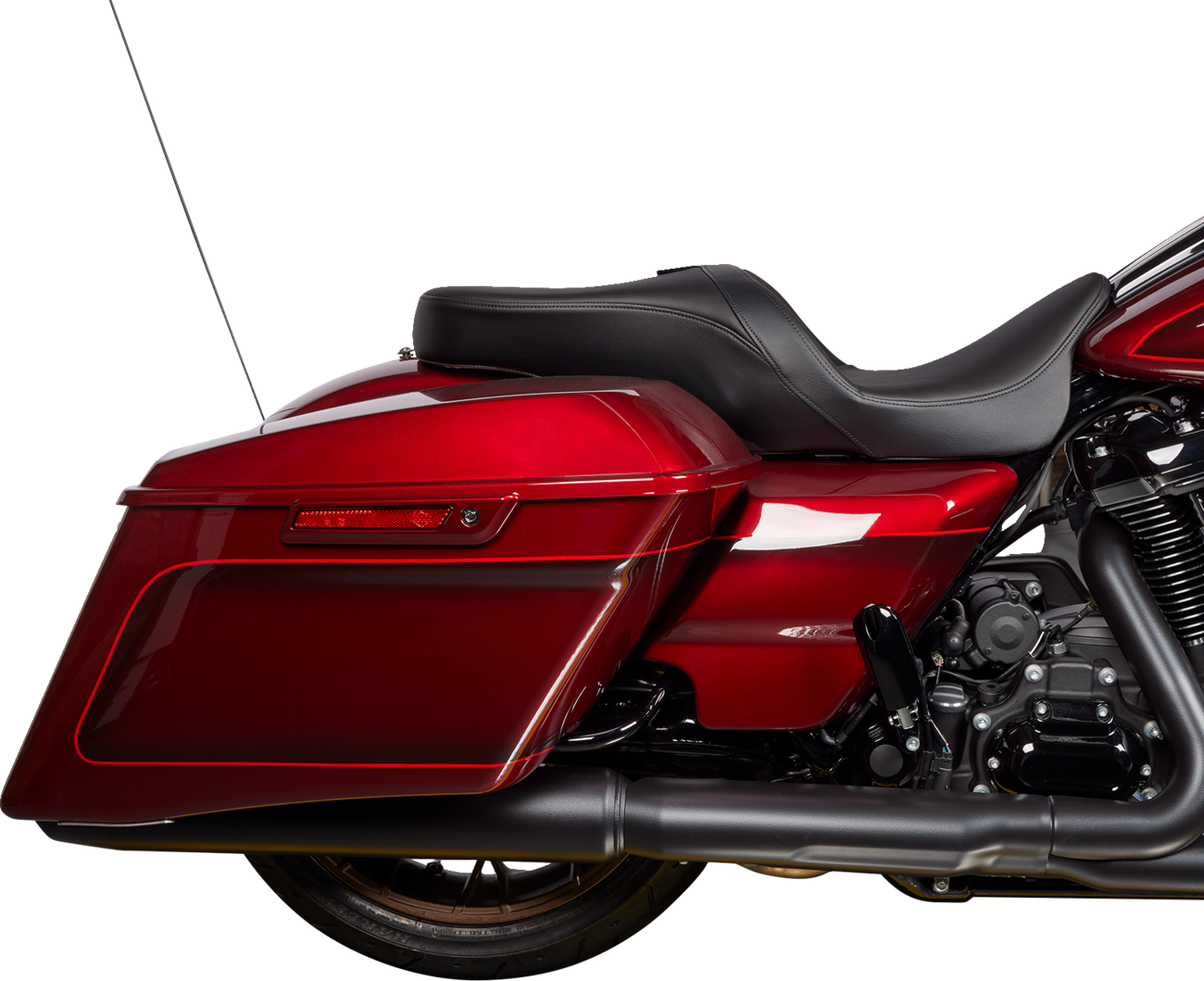 Black Solar Leather Drag Specialties Freedom Seat for Harley FLH models 2009-2023, shown from side angle on motorcycle