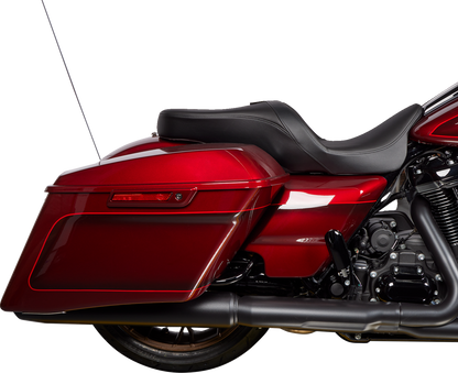 Black Solar Leather Drag Specialties Freedom Seat for Harley FLH models 2009-2023, shown from side angle on motorcycle