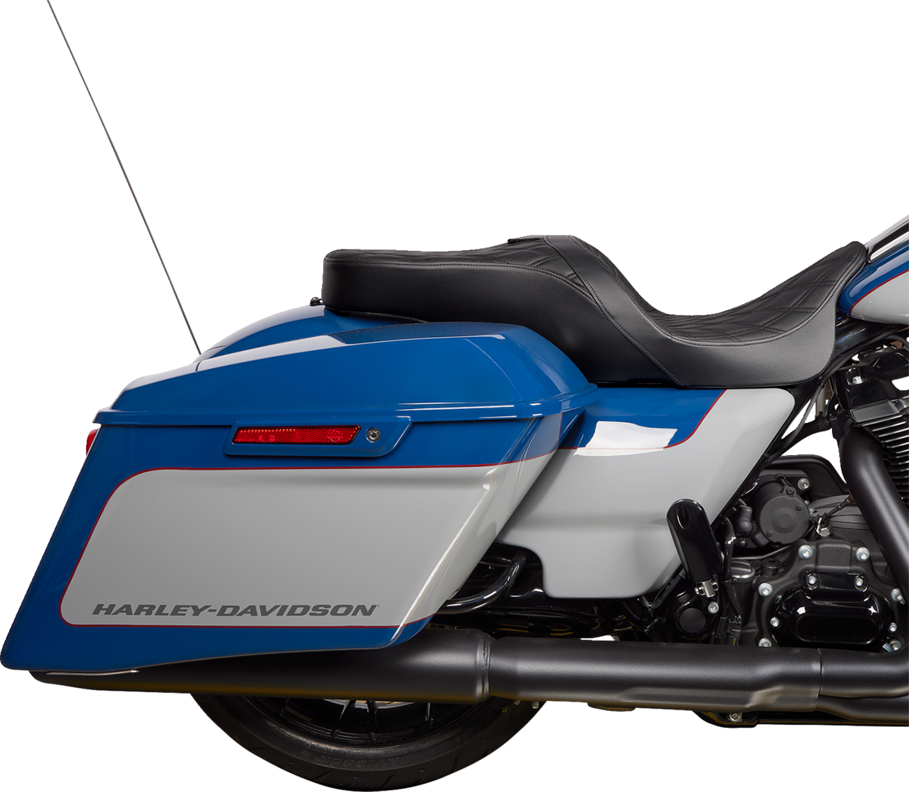 Black vinyl Drag Specialties Freedom Seat with double diamond stitching for Harley FLH models 2009-2023.