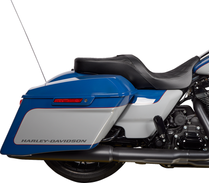 Black vinyl Drag Specialties Freedom Seat with double diamond stitching for Harley FLH models 2009-2023.