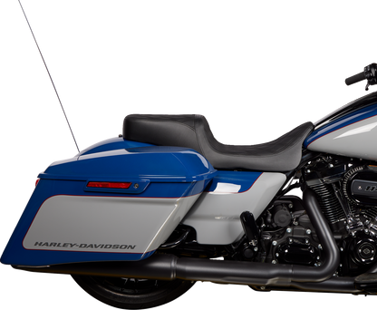 Drag Specialties Predator 2-up motorcycle seat with vinyl cover for Harley FL models 2008-2023, featuring ergonomic design.
