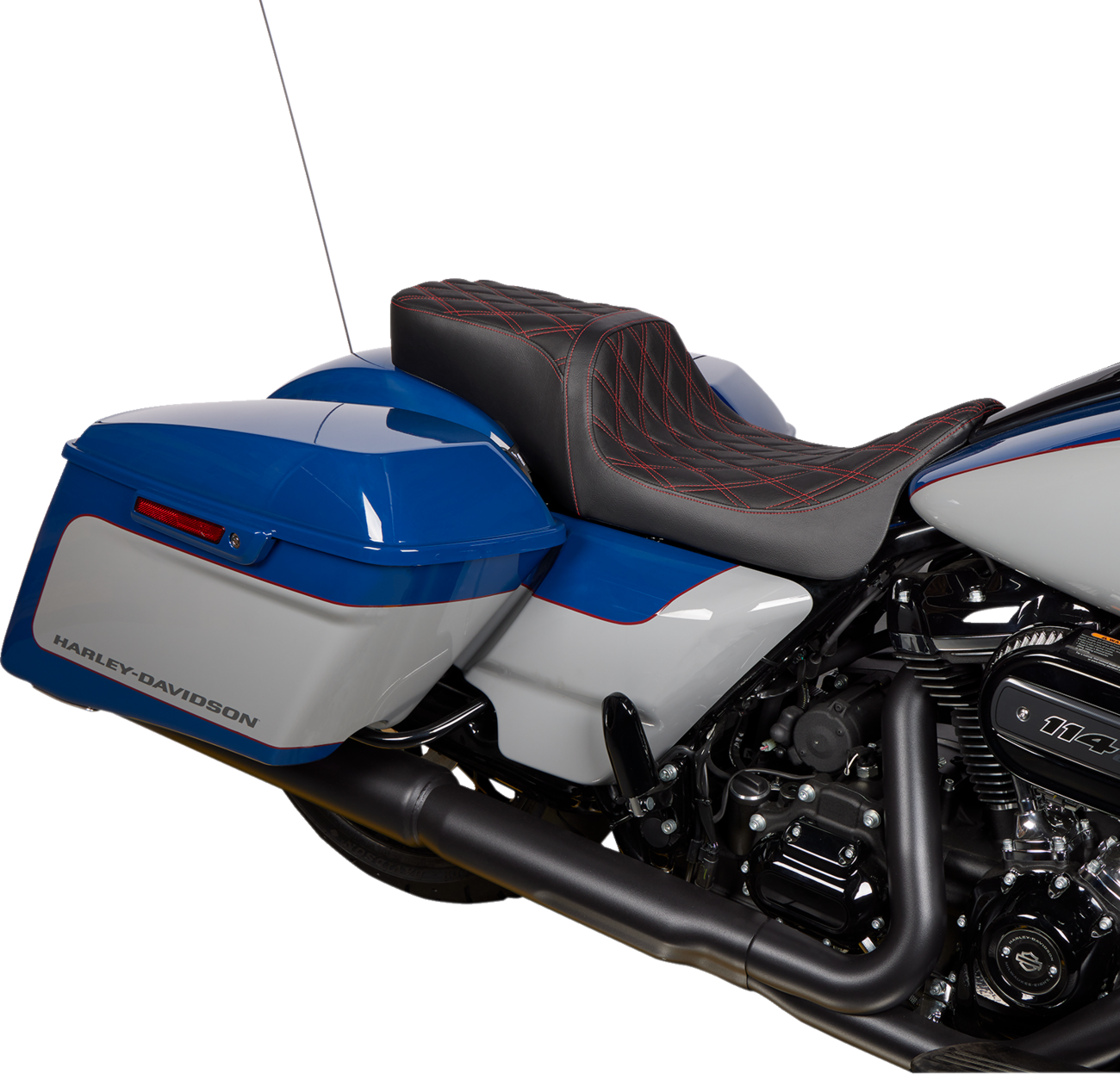 Drag Specialties Predator 2-up seat with vinyl cover and red double diamond stitching for Harley FL 2008-2023.