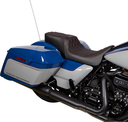 Drag Specialties Predator 2-up seat with vinyl cover and red double diamond stitching for Harley FL 2008-2023.