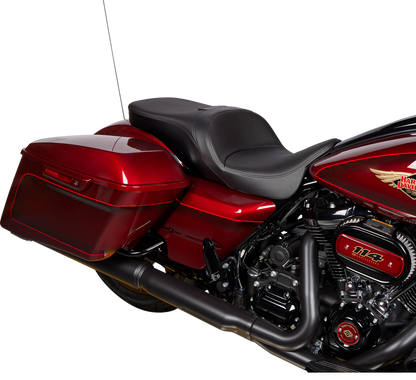 Black Solar Leather Drag Specialties Freedom Seat for FLH motorcycles, model 0801-1485, with comfortable, contoured design.