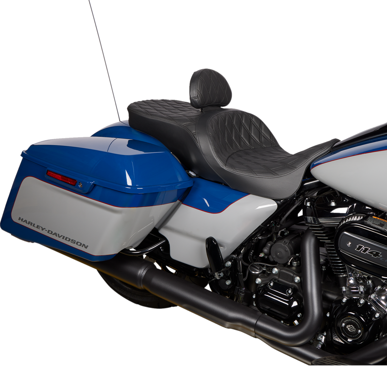 Drag Specialties EZ Glide II small black vinyl seat with double diamond black stitching and backrest for motorcycle comfort.