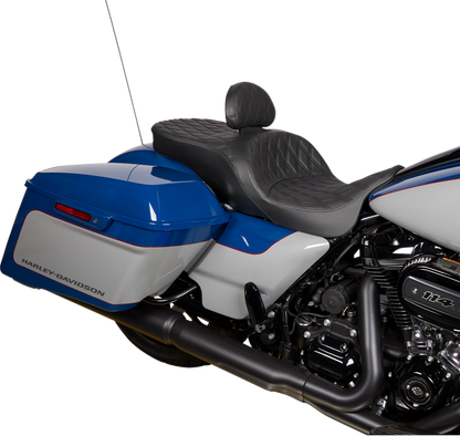 Drag Specialties EZ Glide II small black vinyl seat with double diamond black stitching and backrest for motorcycle comfort.