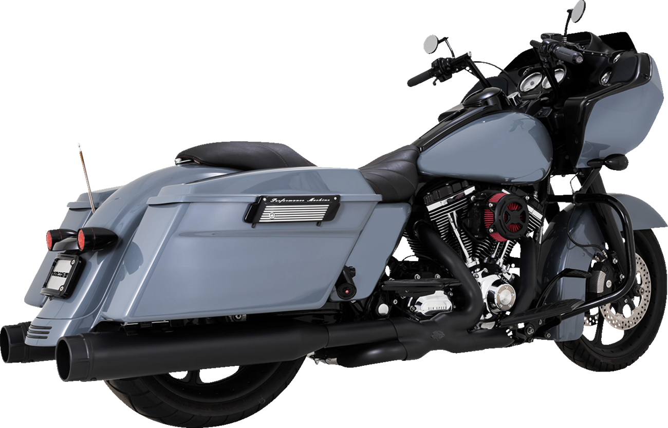VANCE & HINES Power Duals PCX™ Header System in black for motorcycle, showing the dual header pipes and mounting details.
