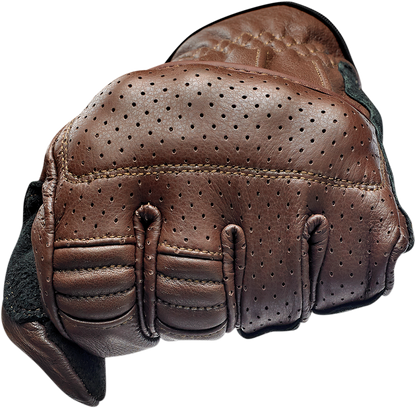 BILTWELL Borrego Gloves in chocolate and black, large size, showing textured leather and secure wrist strap.