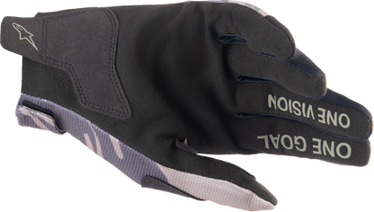 Alpinestars Radar Camo Gloves in 2XL with black and gray camouflage pattern, showing the textured finger and palm details.