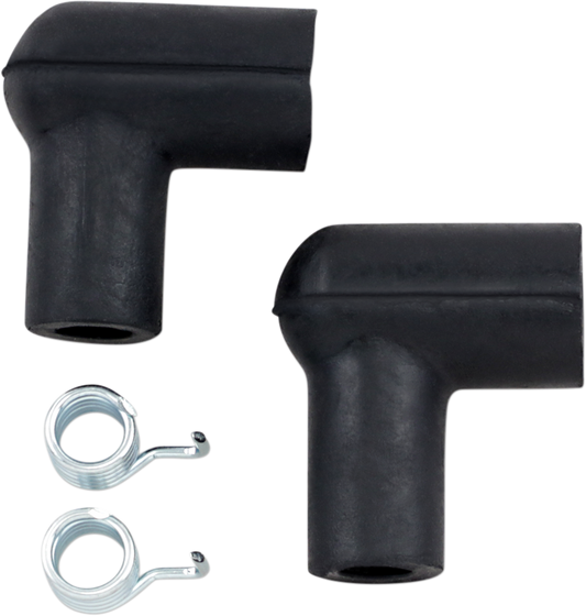 Pair of black neoprene spark plug caps from Parts Unlimited, designed for reliable engine performance and secure fit.
