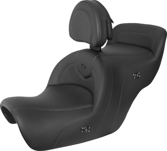 Black SADDLEMEN Heated Roadsofa Seat with backrest, designed for comfort and warmth, featuring detailed stitching and ergonomic shape.