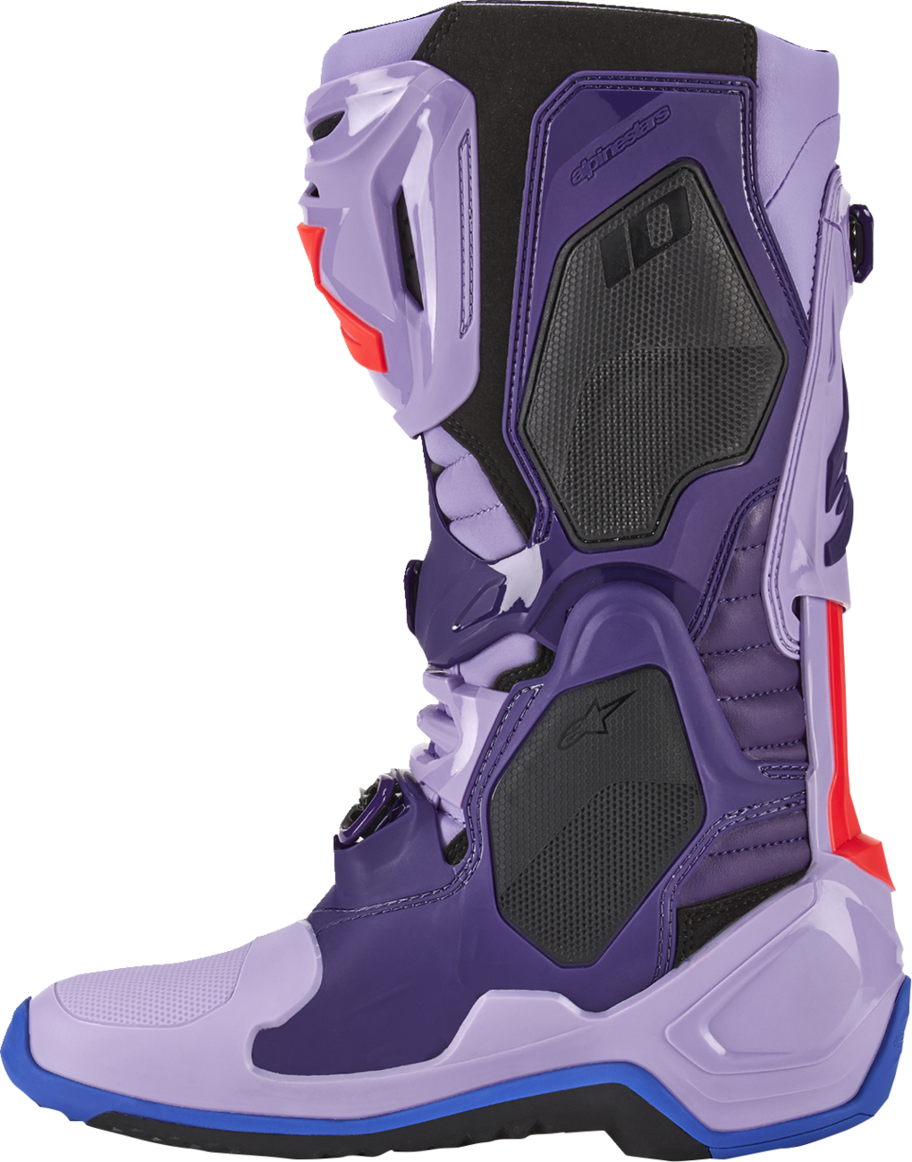 Alpinestars Tech 10 motorcycle boots in laser purple with US size 9, featuring protective design and durable construction.