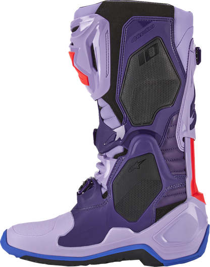 Alpinestars Tech 10 motorcycle boots in laser purple, US size 10, with protective design and vibrant color detail.