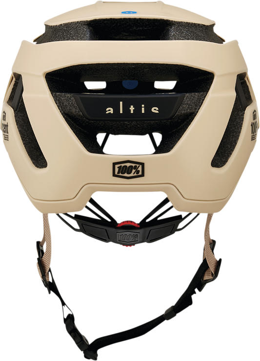 Bill's Exhausts 100% Altis bicycle helmet in tan, C/E certified, size L/XL, featuring a sleek aerodynamic design and adjustable straps.