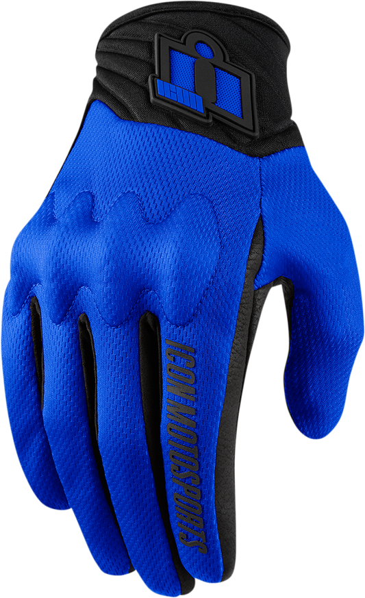 Blue ICON Anthem 2 CE™ gloves in medium size, designed for motorcycle riding, featuring protective armor and a comfortable fit.