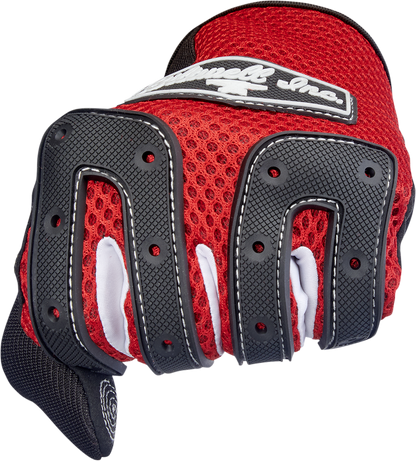 Red BILTWEEL Anza Gloves for XS size, featuring durable material and detailed stitching, designed for motorcycle riding.