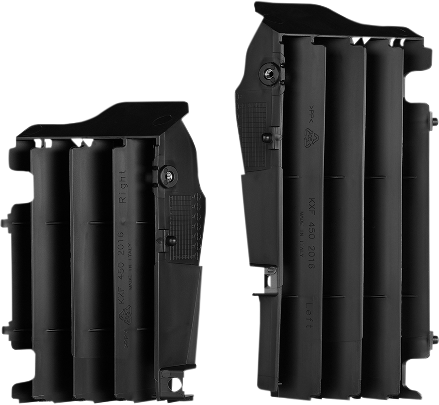 Black Acerbis radiator louvers for Kawasaki motorcycle, body part designed to improve airflow and protection.