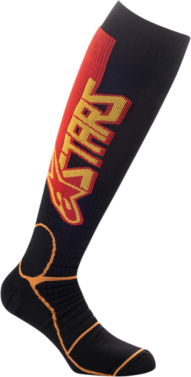 Alpinestars MX Pro Socks in black, yellow, and orange, large size, featuring a breathable design suitable for motocross riding.