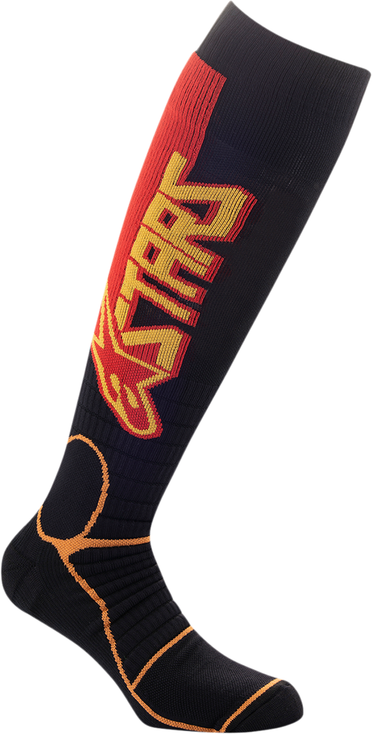 Alpinestars MX Pro Socks in black, yellow, and orange, large size, featuring a breathable design suitable for motocross riding.